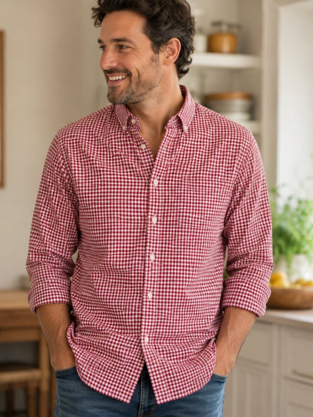 Jos. A. Bank Orange & White Checkered Casual Button Down Shirt